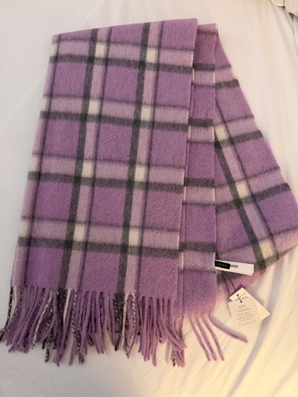 Talbots Lavender and Gray Plaid Cashmere Scarf